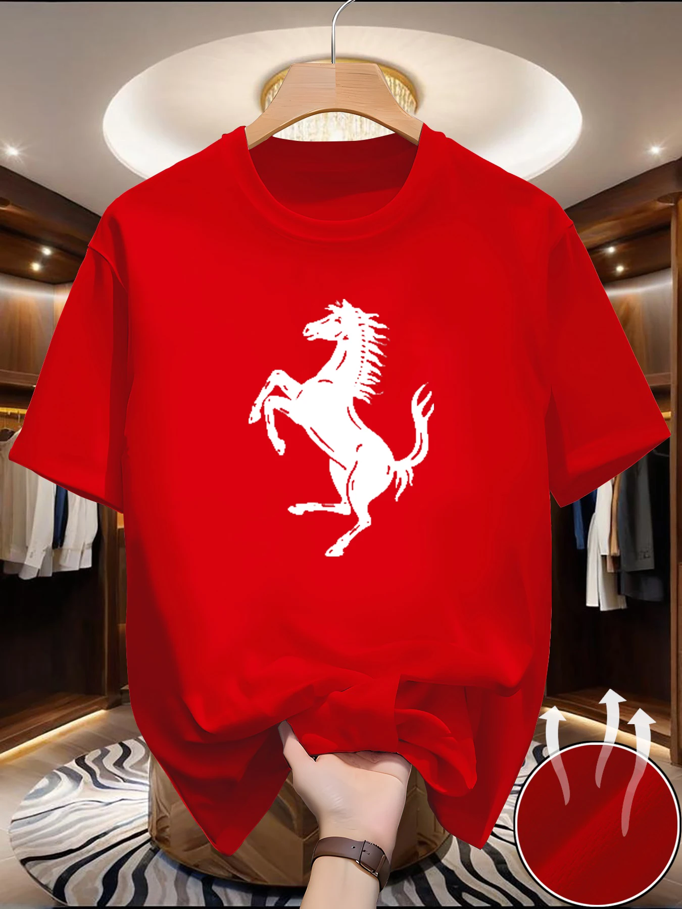 Men's summer breathable quick drying fashionable casual loose horse pattern letter printed round neck short sleeved T-shirt