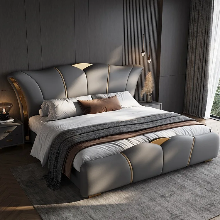 #For high-end popular Italian design king bed frame modern leather double bed bedroom wooden queen bed furniture set