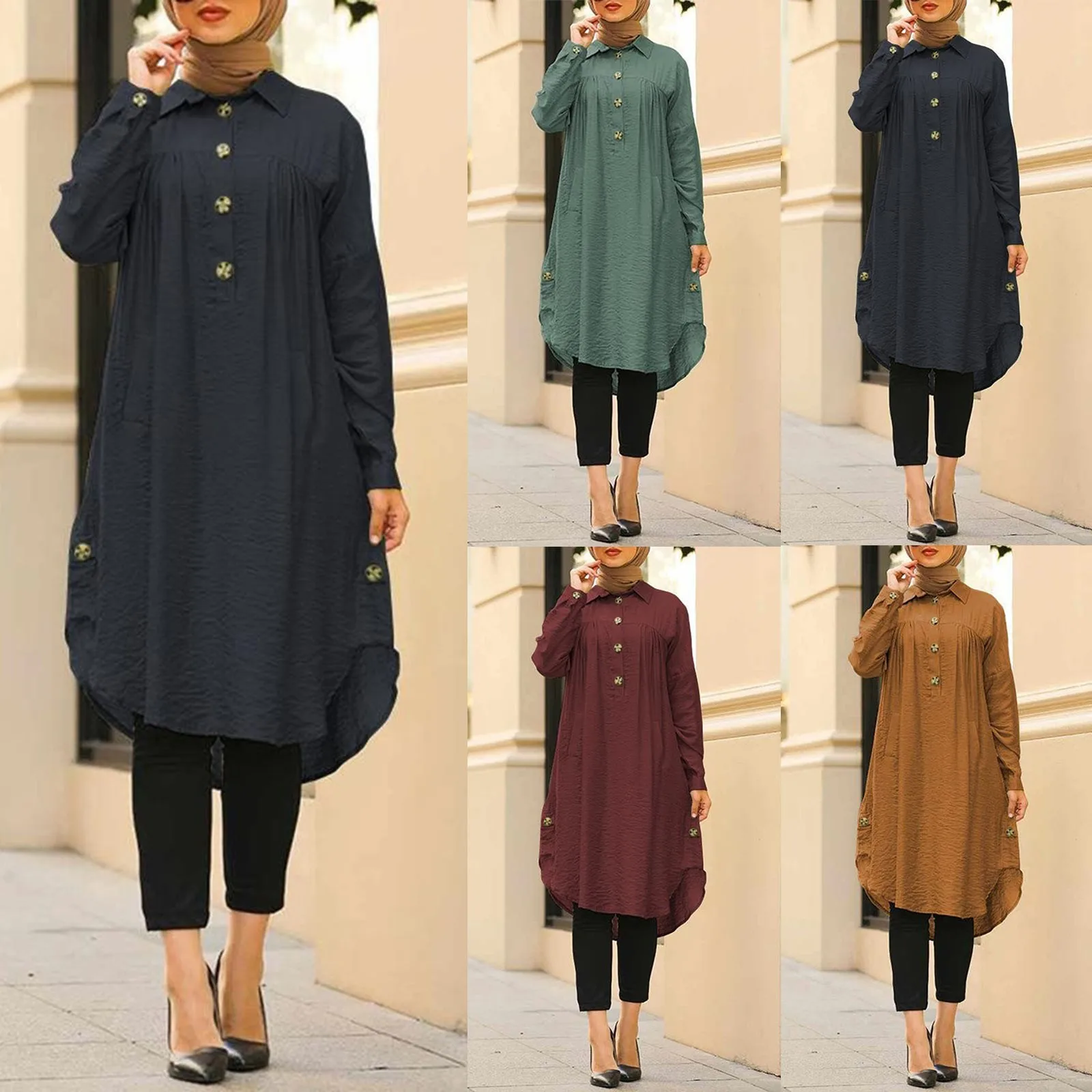 2024 Summer Muslim Solid Blouse For Women Simple Cotton Linen Long Shirt Saudi Arabia Islam Femme Tops Lady A-Line Shirt Dresses