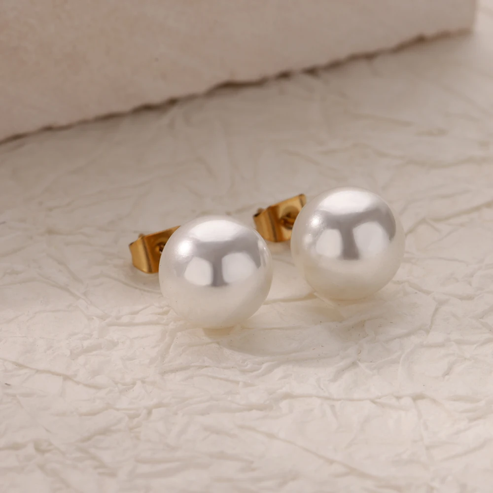 Elegant Pearl Stud Earrings For Women Stainless Steel Gold Color Multi Size Faux Pearl Stud Earrings Fashion Jewelry Party Gift