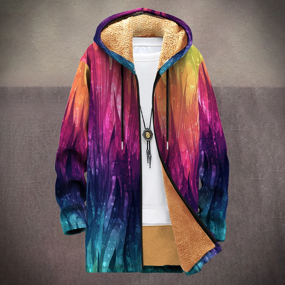Winter Long Hoodie Parka Abstract Bubble Geometric Gradient Print Cardigan Coats Fleece Jacket Warm Outerwear Oversize Men Women