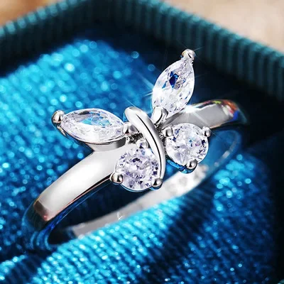 New Design Shiny 5a Zircon Butterfly Wedding 925 Stamp Silver Color Ring for Women Romantic CZ Rings Party Fashion Jewelry