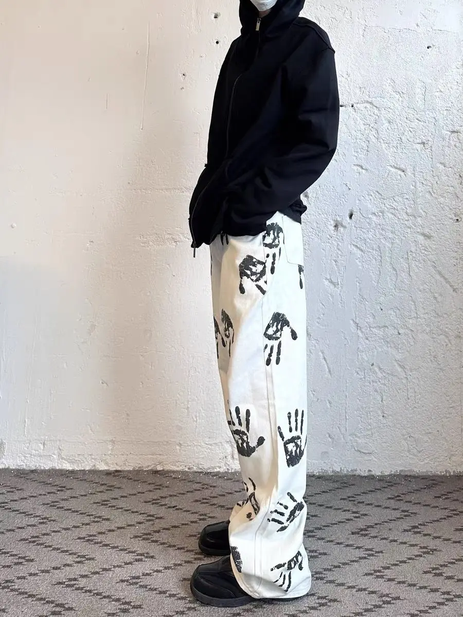 Fashion Men's White Washed Jeans High Street Hip Hop Style Vintage Straight Leg Casual Trousers with Retro Print