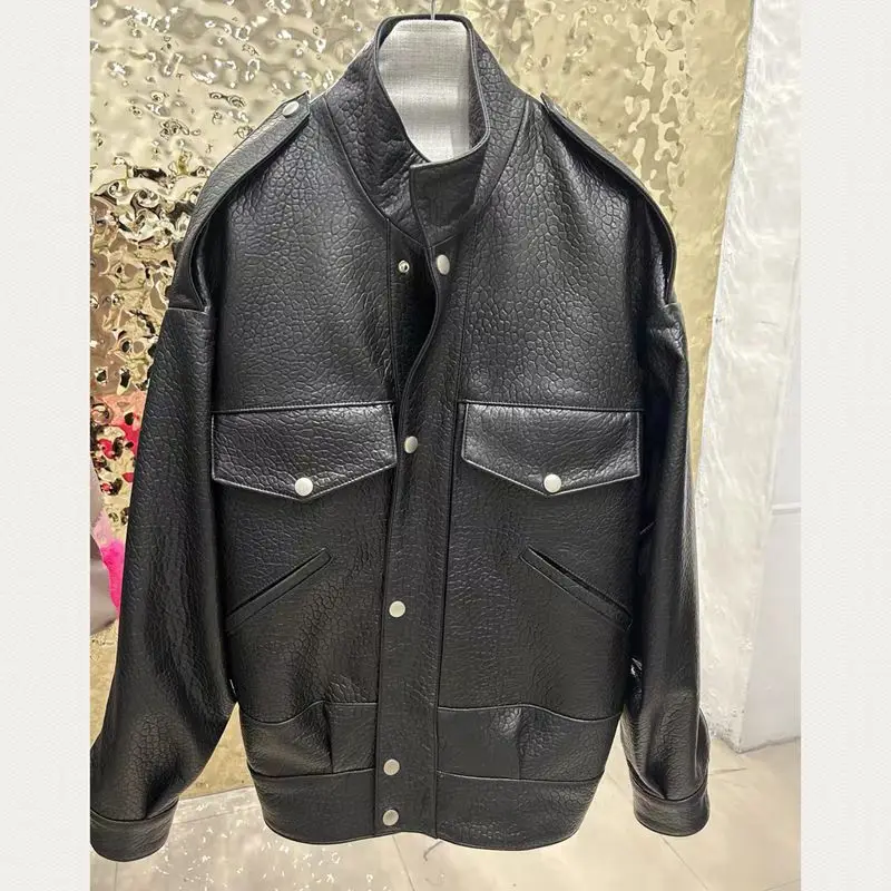 Natural Lambskin Leather Biker Jacket for Women, 100% Sheepskin Leather Coat, Long Sleeves, H104