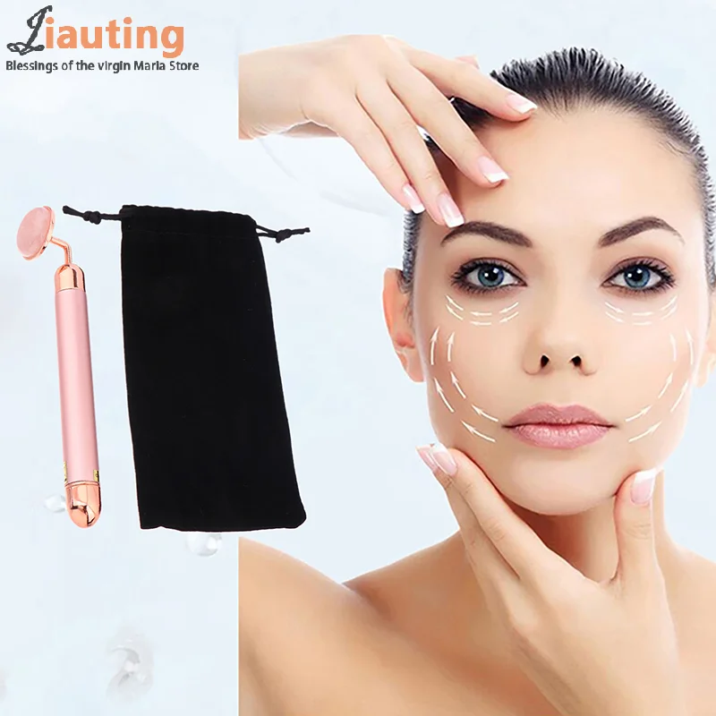 Natural Stone Rose Gold Electric Roller Original Amethyst Quartz Jade Big Frequency Eye Massage Face Care Neck Detox Beauty Tool