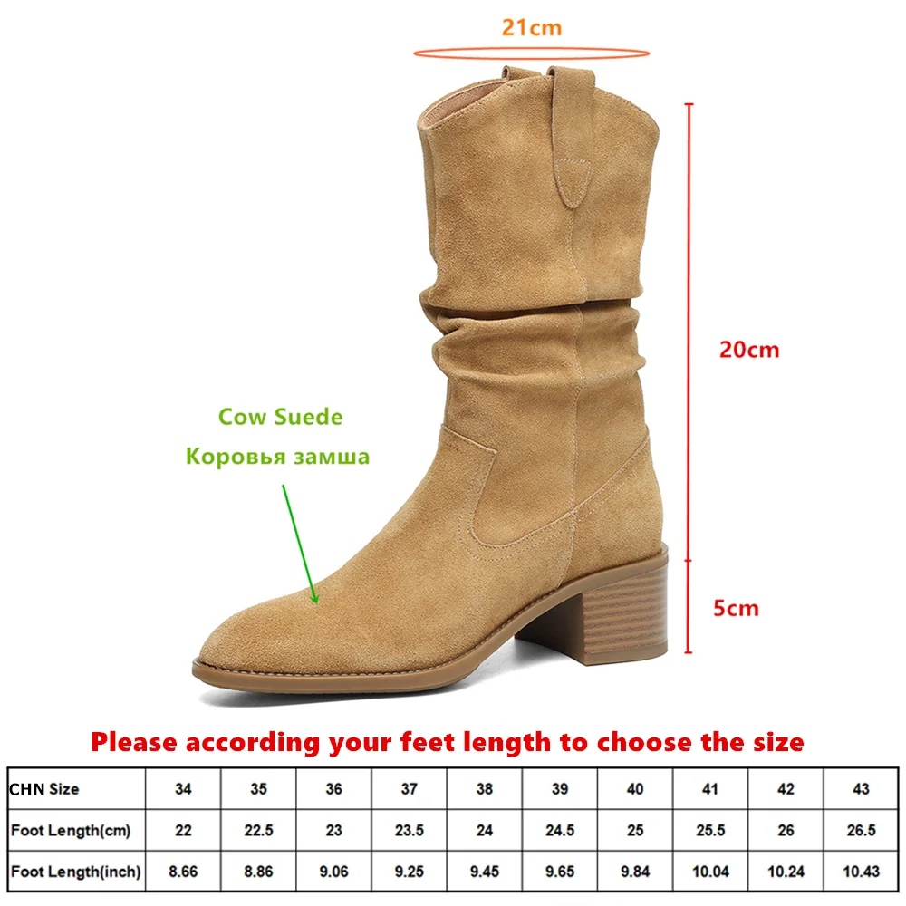 Aucegi Hot Sale Retro Round Toe Western Pleated Mid-Calf Boots Autumn Winter Women's Cow Suede Versatile Slip On Party Shoes