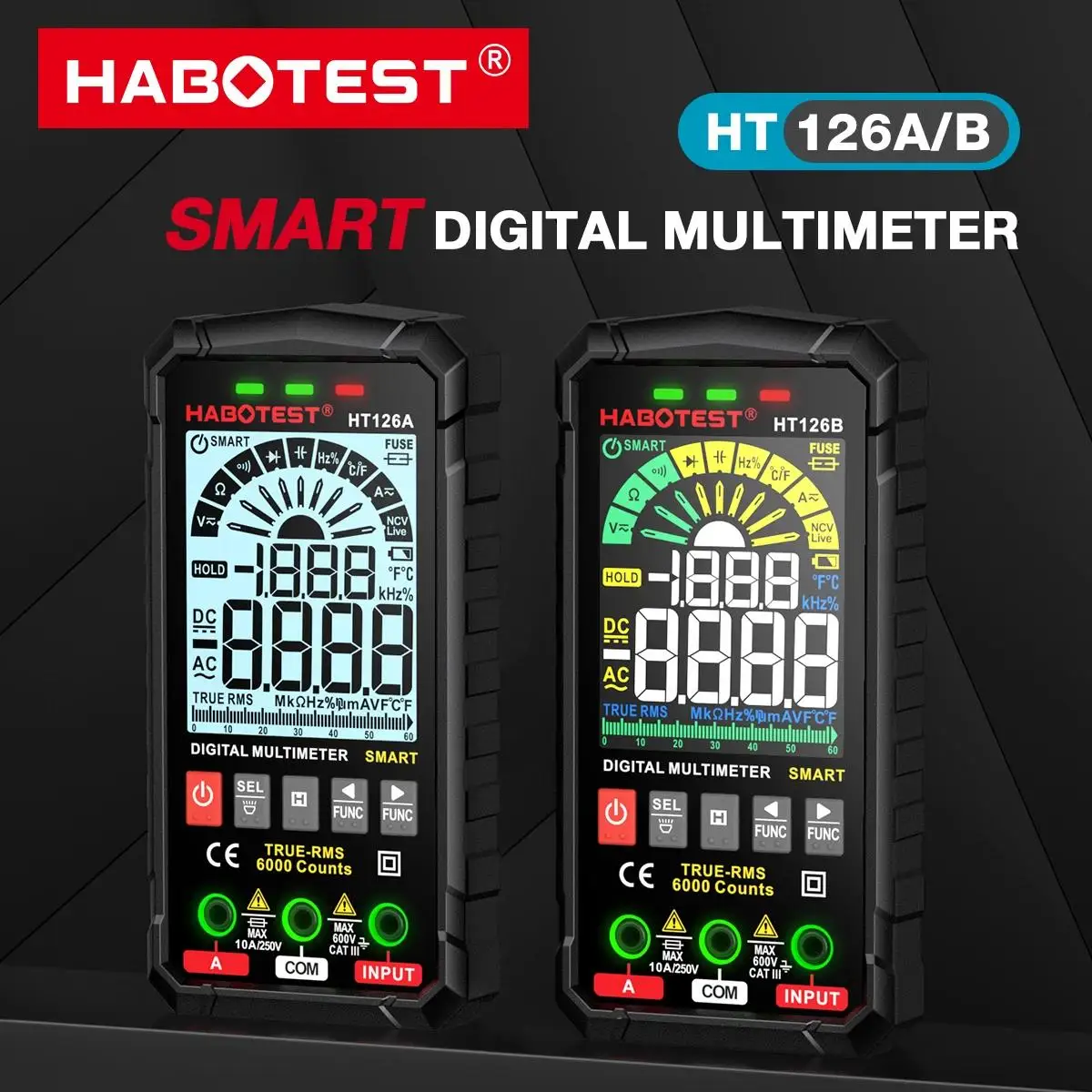 HABOTEST HT126A/HT126B 600V Digital Multimeter Auto Range DMM Voltmeter True RMS AC DC NCV Voltage Meter 6000 Counts Multitester