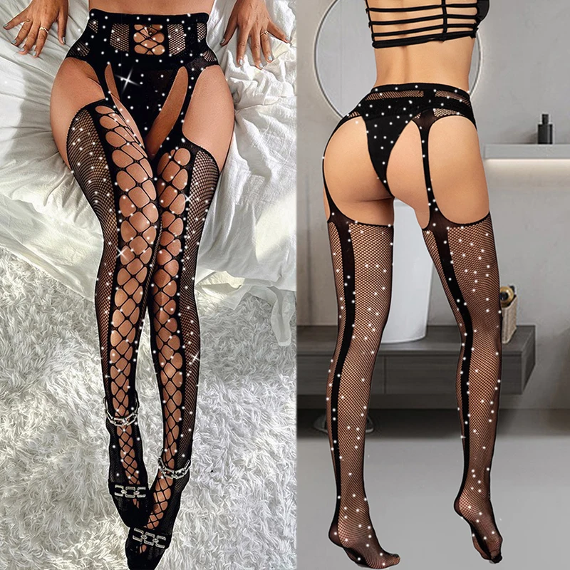 Plus Size Erotic Sexy Lingerie Bling Rhinestone Fishnet Bodysuit Transparent Sex Dress Women Mesh Tights Sexy Exotic Body Socks