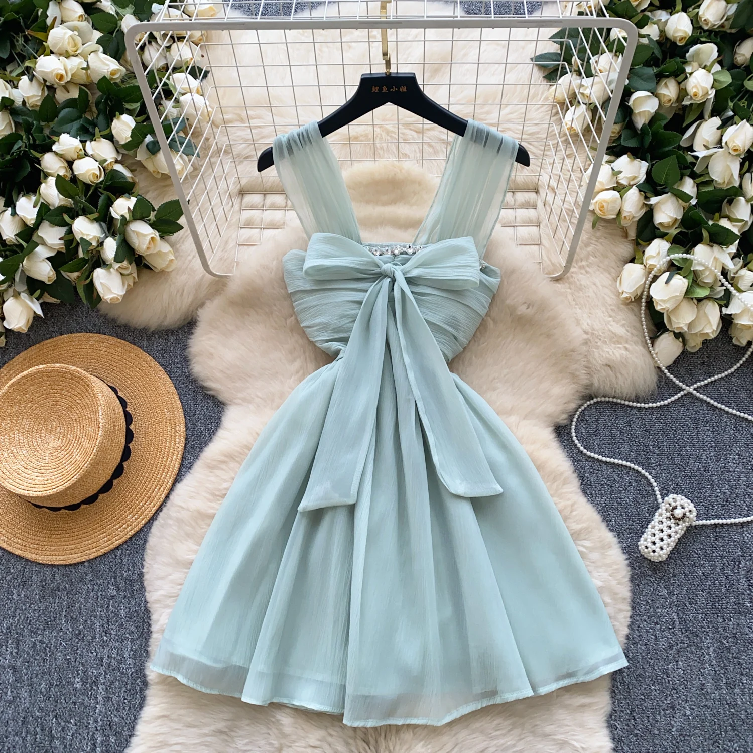Purple Green Mesh Chiffon Summer Slash Neck Beads Bow Mini Party Dress Women Off Shoulder A-line Short Suspender Fairy Dress
