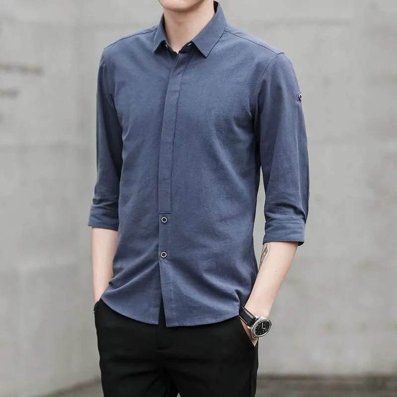

New Men's Tee-quarter Sve Busin irt Youth Casual Slim Fit Summer Thin Fabric Square Collar Color