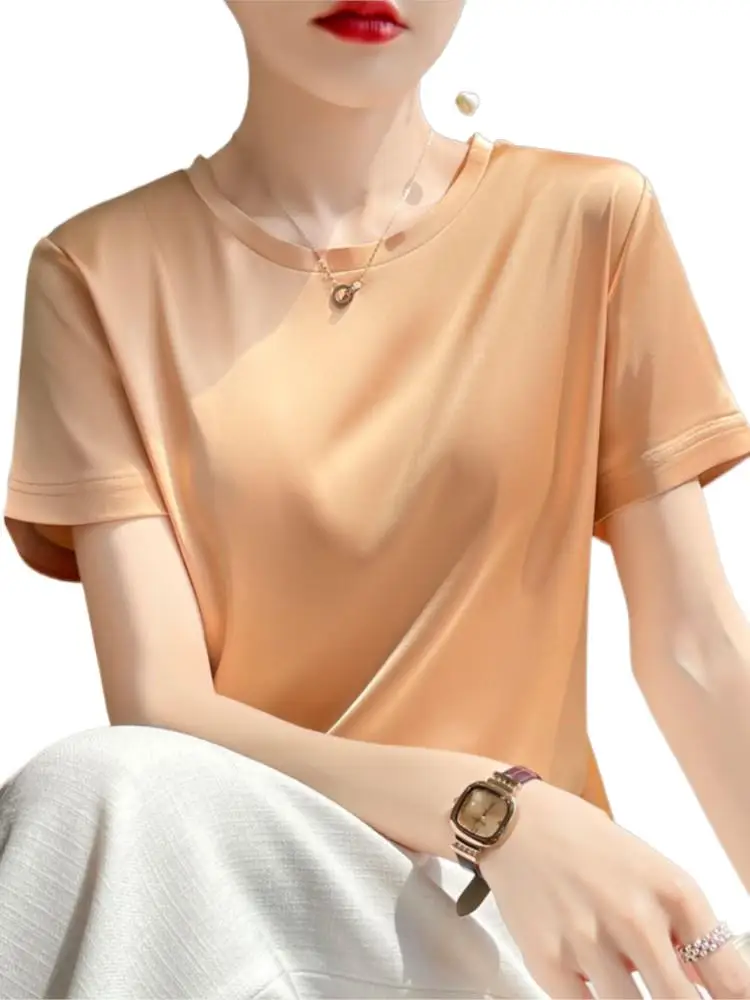 Merk Hoge Kwaliteit Vrouwen O-hals Shirt S-7XL Zomer Franse Elegante Luxe Momi Zijde Crêpe Satijn Zacht Glad Blouses Business Top