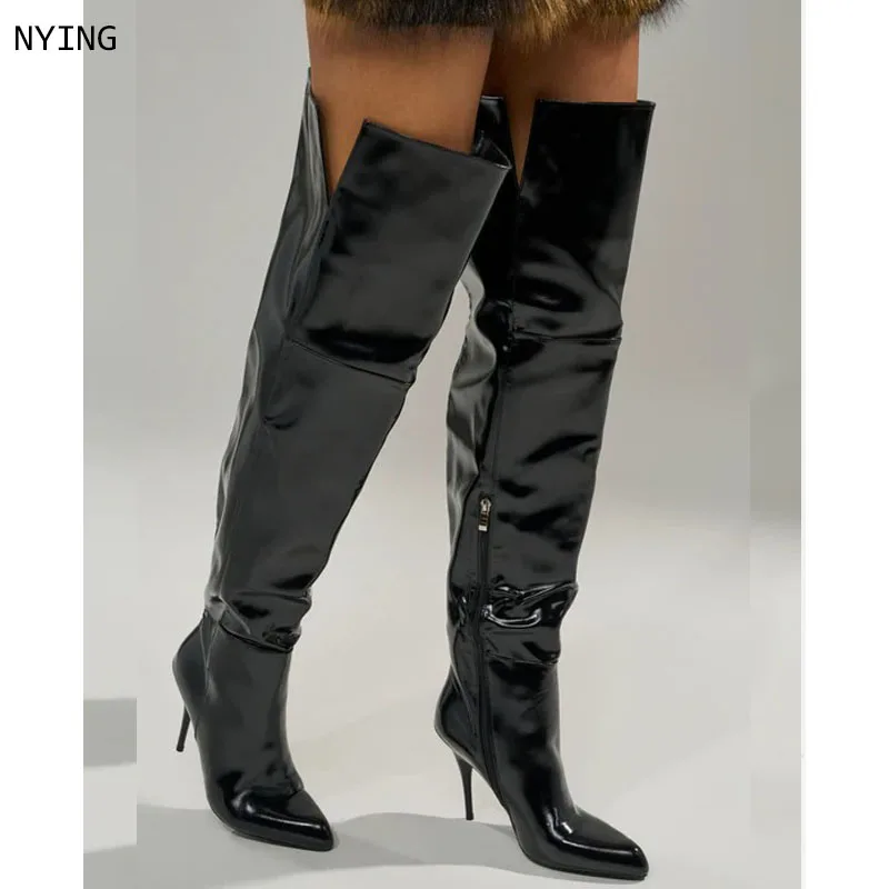 

2026 New Women Over The Knee Boots High Heels Black Solid Pointed Toe Stiletto Side Zipper Sapatos Femininos 44