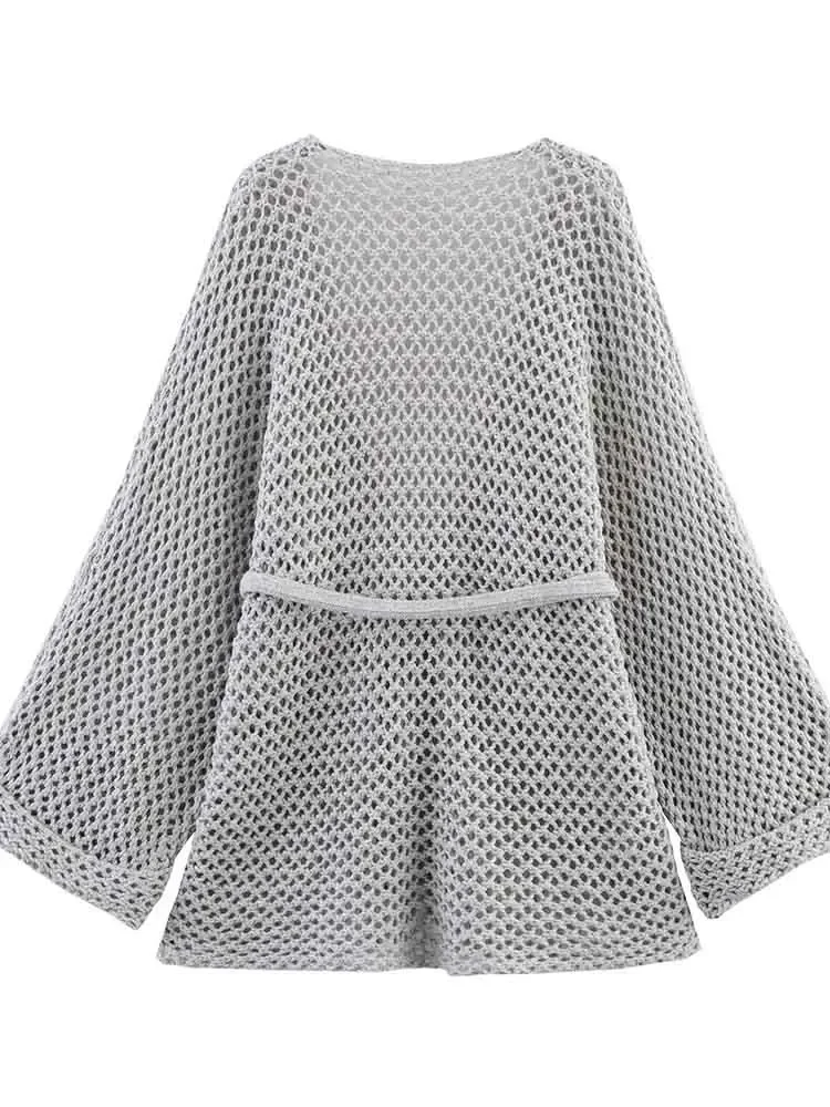 สไตล์ยุโรปใหม่ของผู้หญิงแฟชั่นอารมณ์ที่เรียบง่ายและหลากหลายคอวีเข็มขัดกลวงถักคาร์ดิแกน