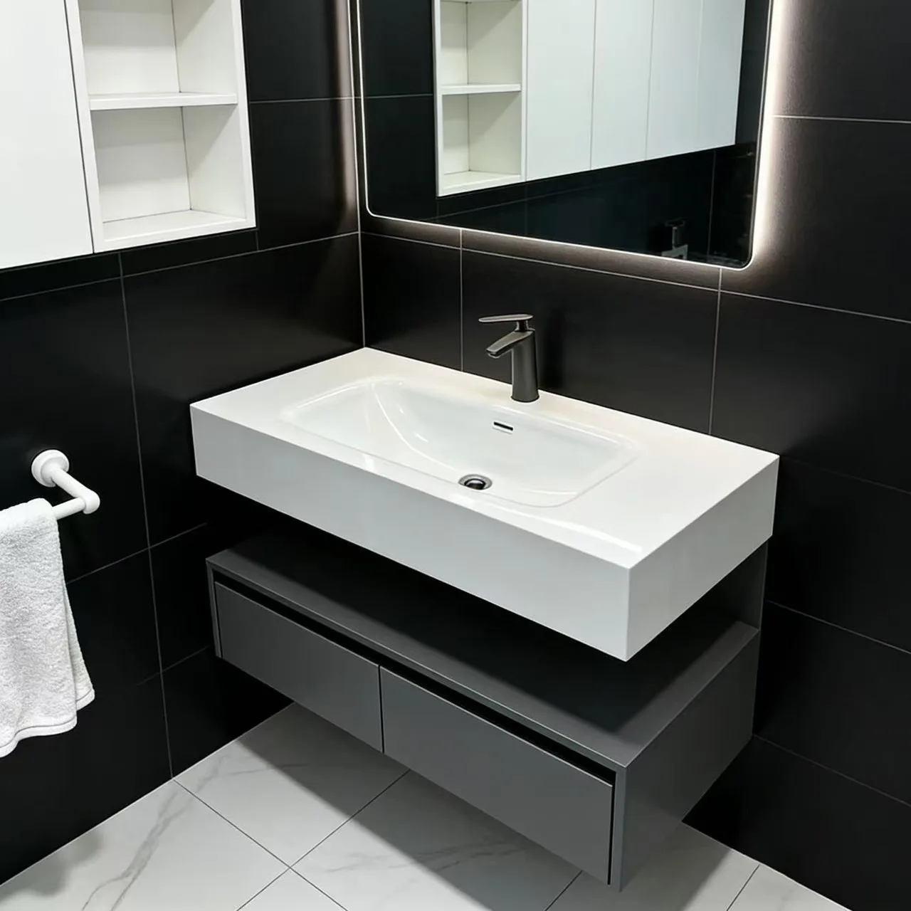 

Встроенный керамический умывальник, соединенный с каменной плитой, устанавливаемой под углом сантехнического умывальника.