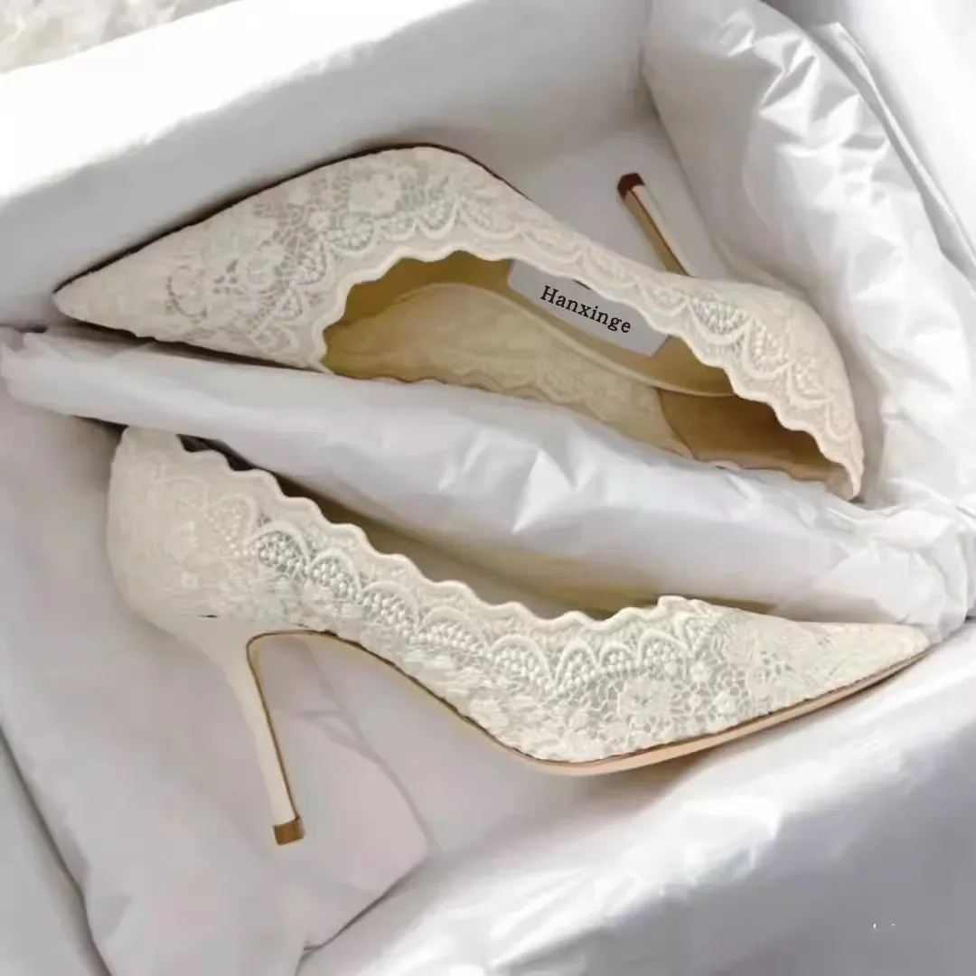 White Embroidered Lace Wedding Bride Shoes Pointed Toe Thin Heel Shallow Pumps for Women Ladies Summer Breathable Sandals
