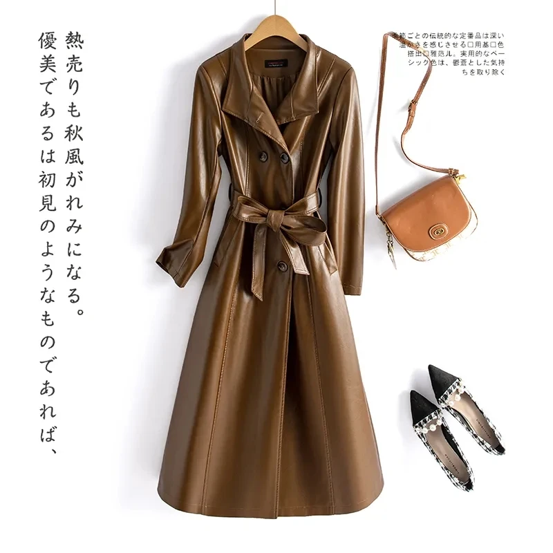 Trench da donna in pelle di pecora Autunno Inverno Moda Colletto alla coreana Doppio petto Cappotto lungo in pelle sottile con lacci Pelle divisa