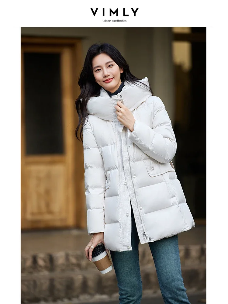 VIMLY Women Casual Puffer Duck Down Jacket Winter Simple Long Down Coats Stand Collar Hooded Thick Warm Windproof Overcoats50669