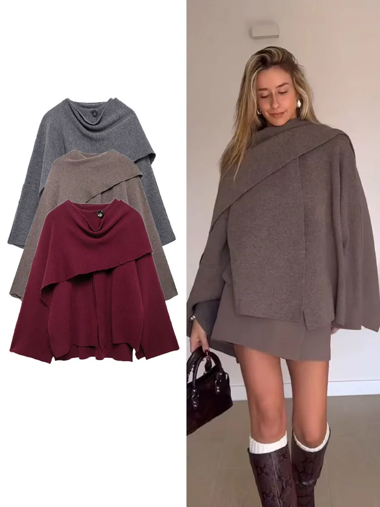 TRAF 2024 Women's Autumn Knitted Oversized Cape Coats Fashion Causal Scarf Collar Cropped Outerwears Streetwear Ladies Sweaters