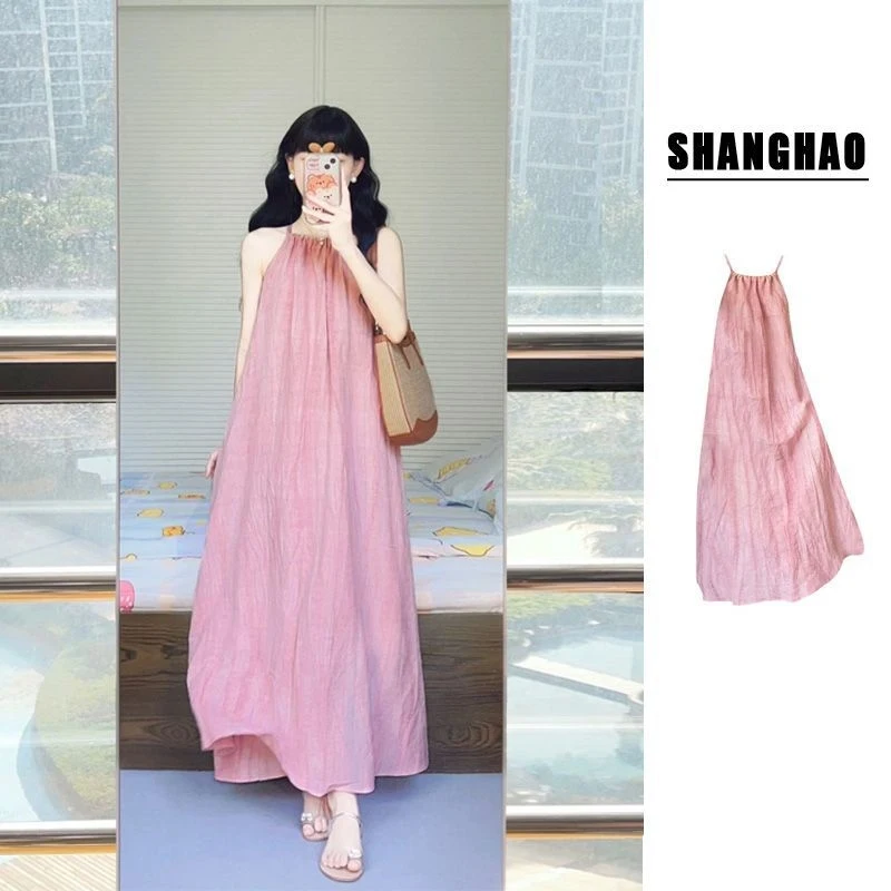 

Beach vacation style pink suspender dress for women2025Summer loose-fitting casual slimmingAA-line midi skirt