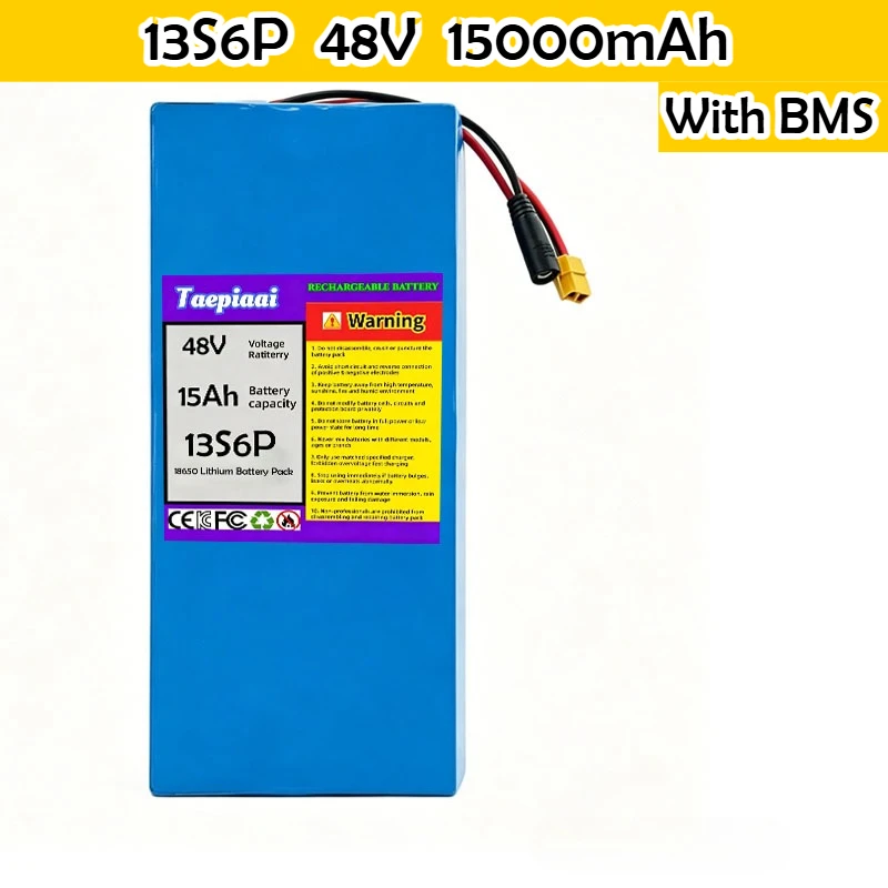 13s6p 48v Battery 15000mAh/15Ah 18650 Lithium Battery Pack Built-in BMS Protection Board Replacement Battery +54.6Vcharger