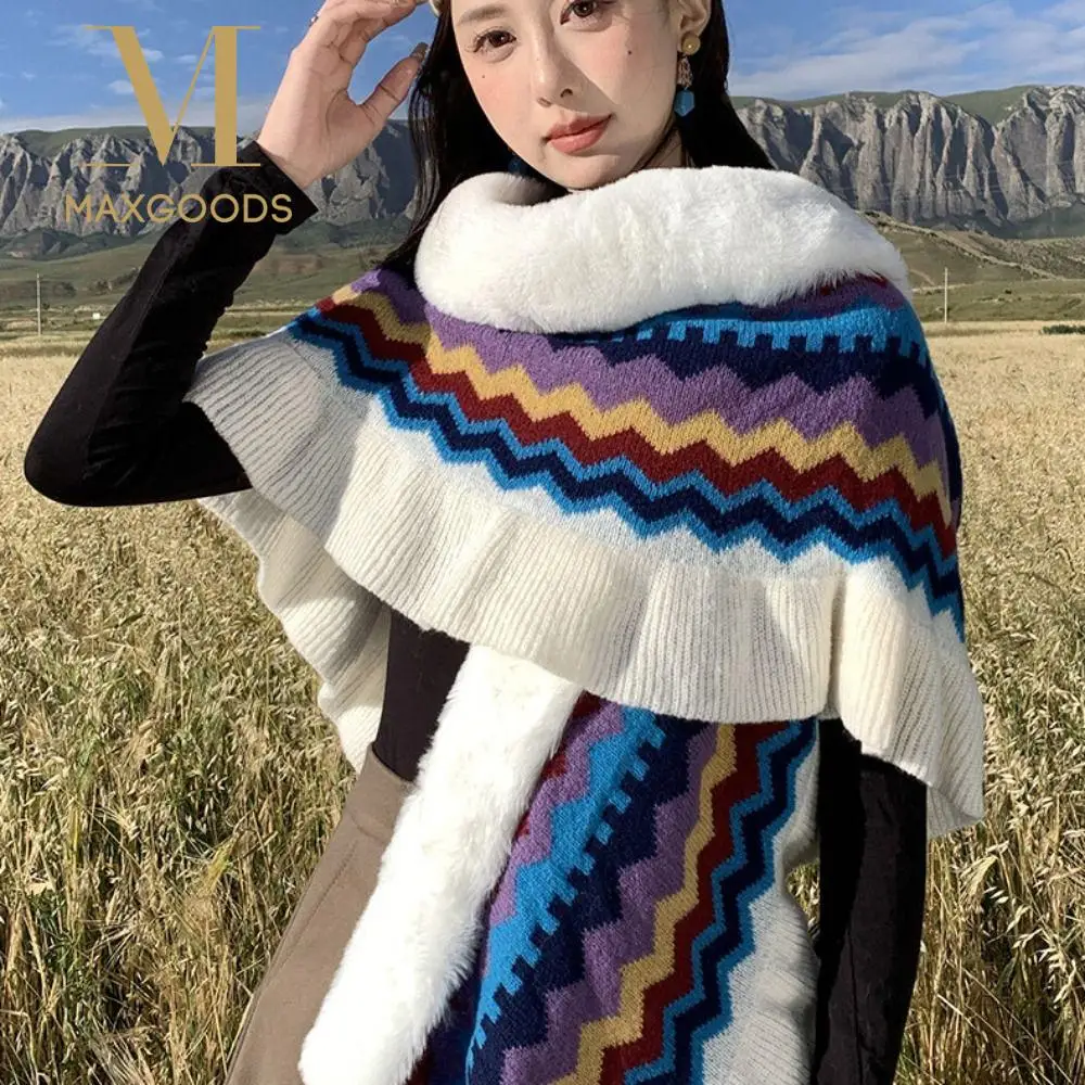 

Trendy Winter Warm Mongolian Poncho Flounce Striped Cardigan Tassel Shawl Ethnic Style Knitted Cape Women Fashion