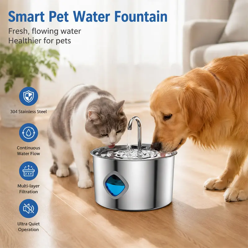 

3.2L Automatic Cat Water Fountain Stainless Steel Dogs Cats Water Dispenser USB Charging Kitten Silent Water Drinker with Filter