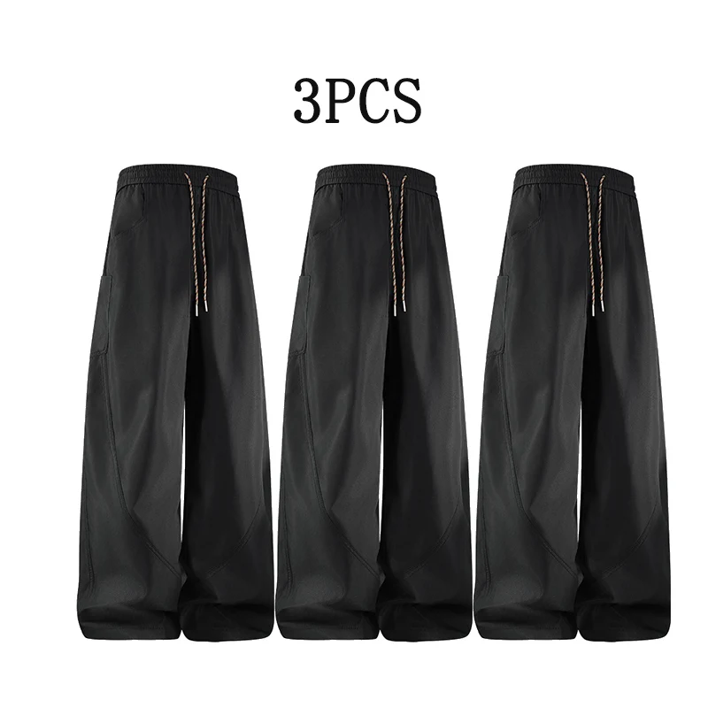 

3PCS Fashionable Wide-Leg Drawstring Trousers Breathable and Durable Fabric Adjustable Drawstring Great for Mixing Matching