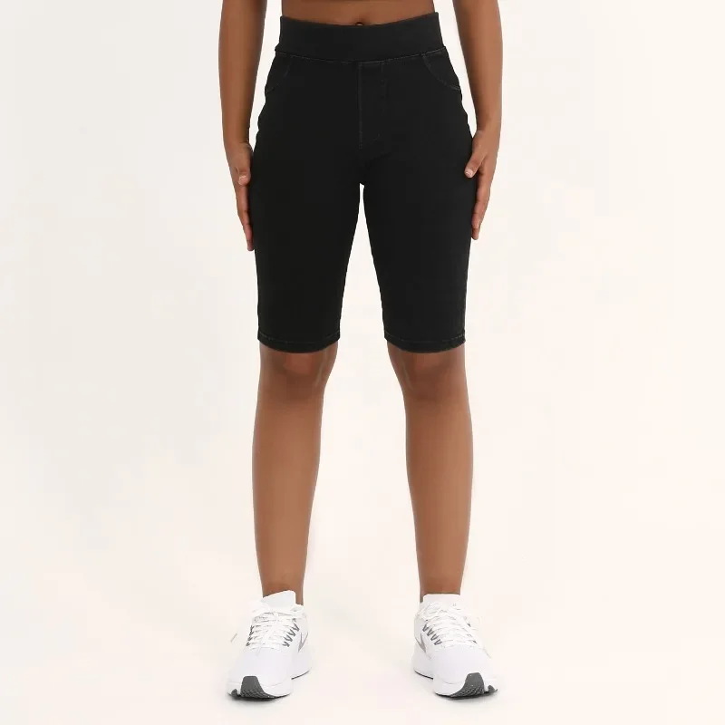 ​ ​ Short de Yoga en Denim taille haute pour femmes, double poche, sans couture, extensible, Fitness, mode, Slim, cinq points