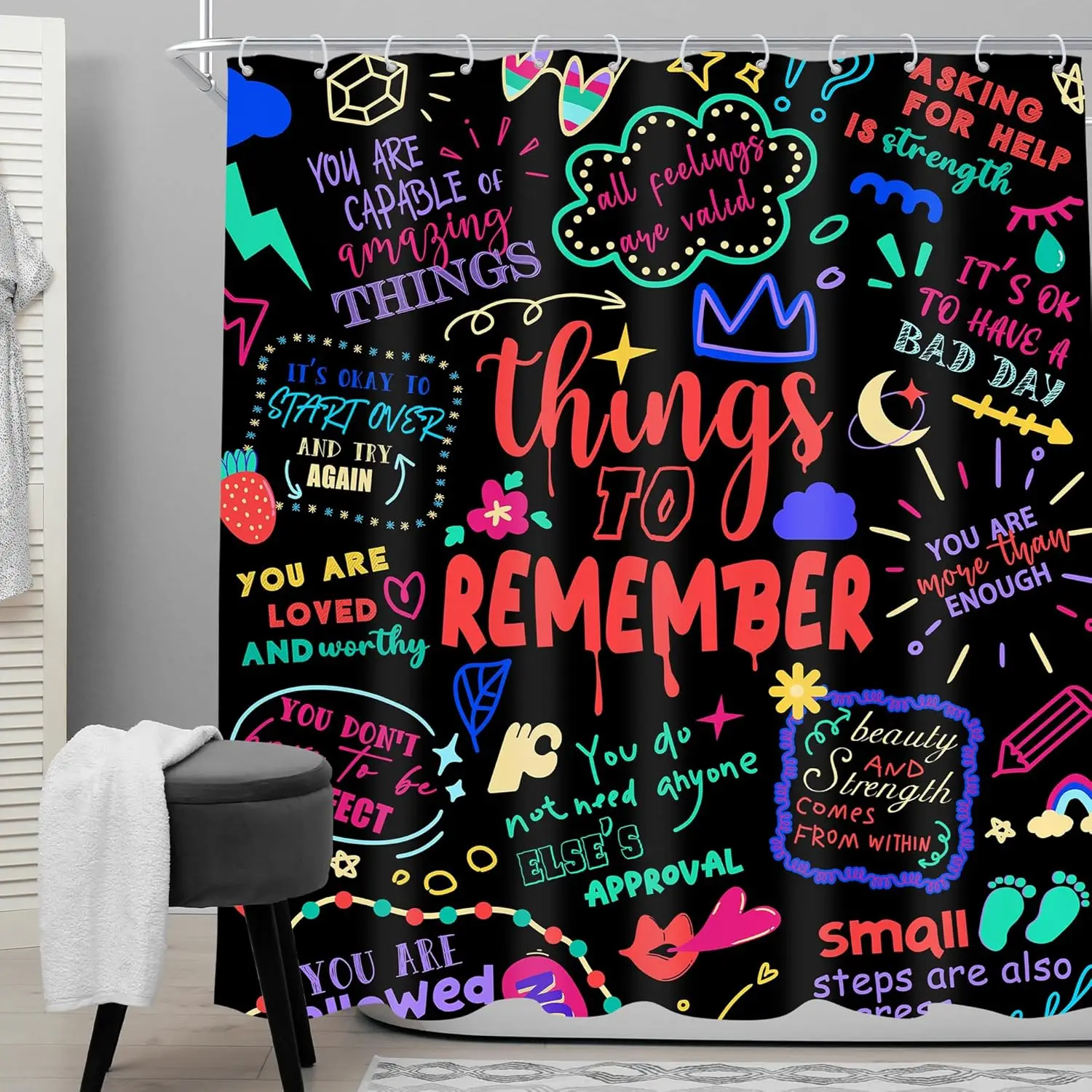 Curtain Funny Inspirational Graffiti Black Neon Positive Motivational Versers Words Bathroom Curtain Set Modern Teens Cool Bath