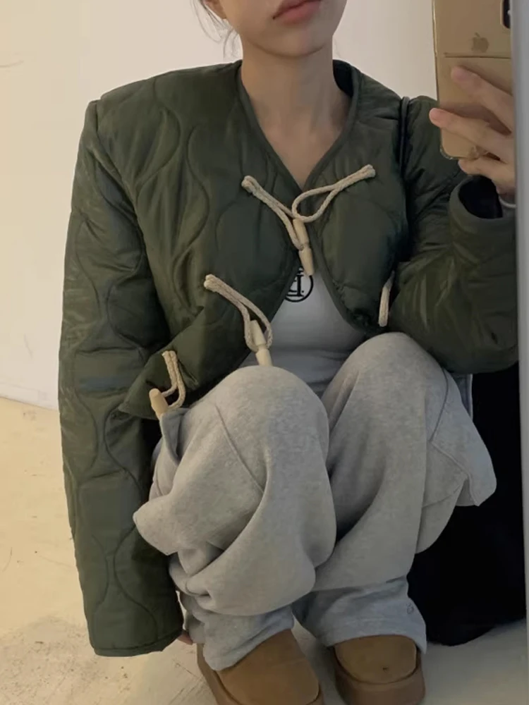 Damen-Jaset-Oberteil aus Baumwolle, Winterwärme, Retro-Knöpfe, koreanisches SLE-Loose-Fit, rundes, langes Sve-Farben-Top