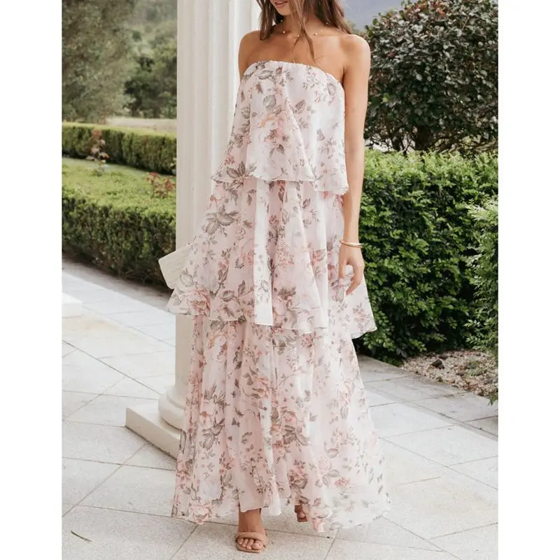 Combhasaki feminino verão boho floral impressão sem alças plissado em camadas sem costas solto a linha bolo tubo vestido longo streetwear