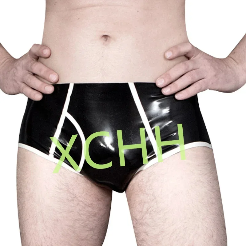 

Sexy Latex Underwear Boxer Black with White Trim Shorts Briefs Handmade Men Short Pants