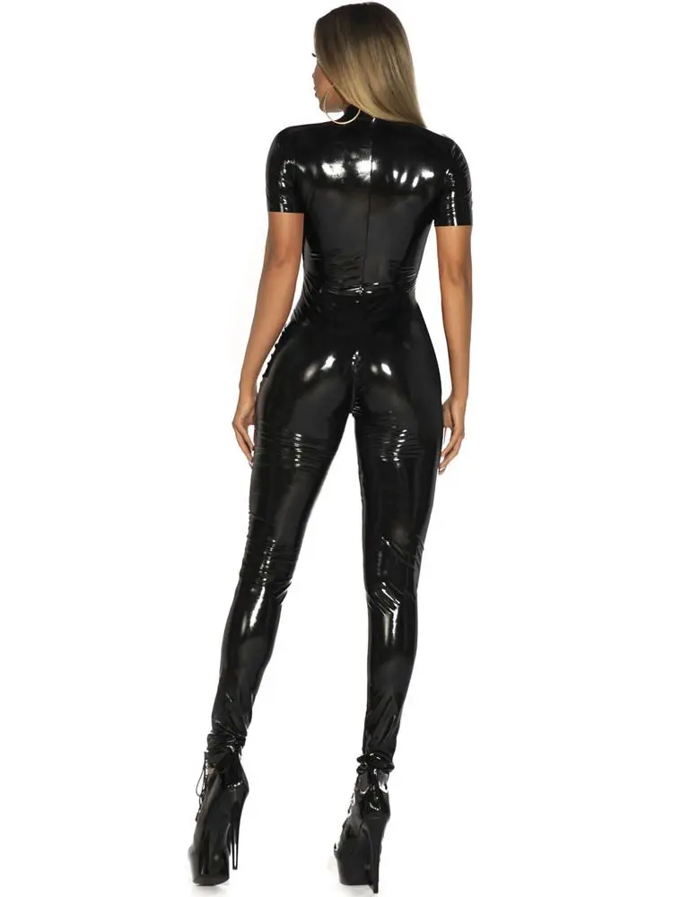 Short Sleeve Wet Look PVC Catsuit Double Zipper Open Crotch Bodysuit Shiny PU Leather Tights Jumpsuit Sexy Cosplay Body Leotard