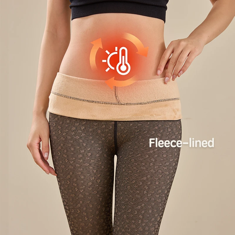 1 par de medias forradas de lana, mallas térmicas para mujer, pantimedias transparentes falsas translúcidas, cálidas, ajustadas, sexis, con patrón de leopardo para invierno