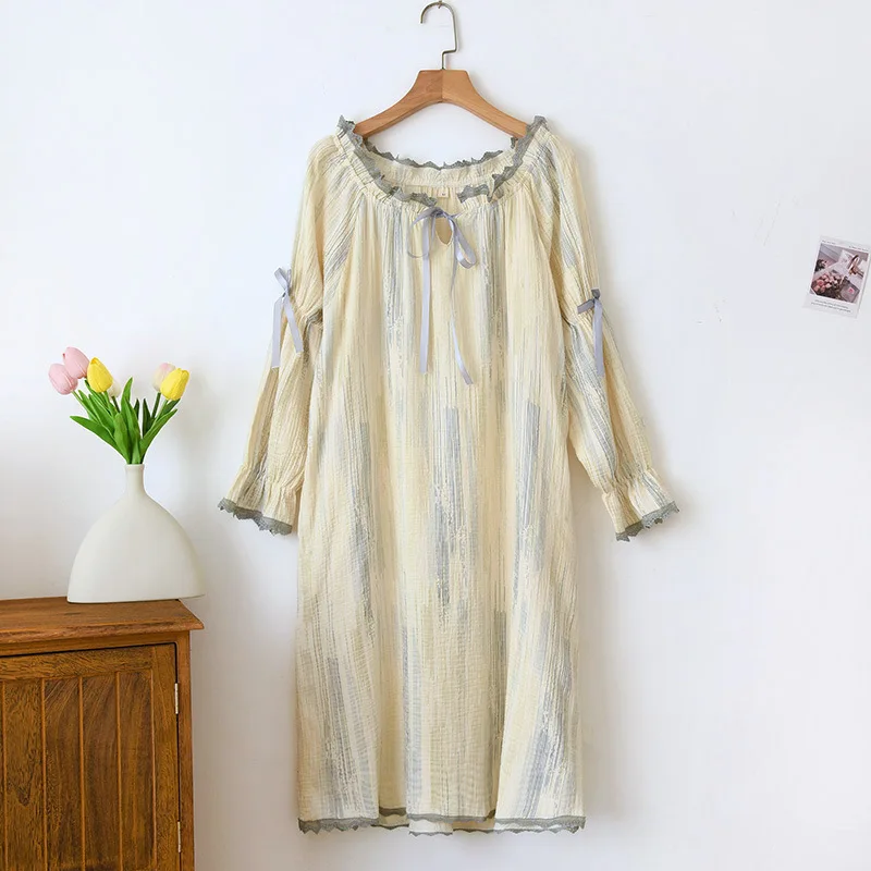 Women\'s Crepe Cotton Round Neck Nightdress Summer Long Sleeve Night Gowns Ladies Cute Sleepwear Women Thin Loose Pajama Dress