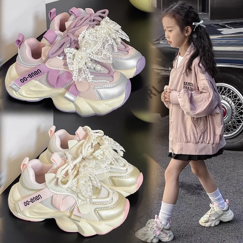 

Girls' Sports Shoes 2025 Autumn New Item Zhongda Children's Princess Bow Soft Sole Comfortable And Lightweight Casual Shoes