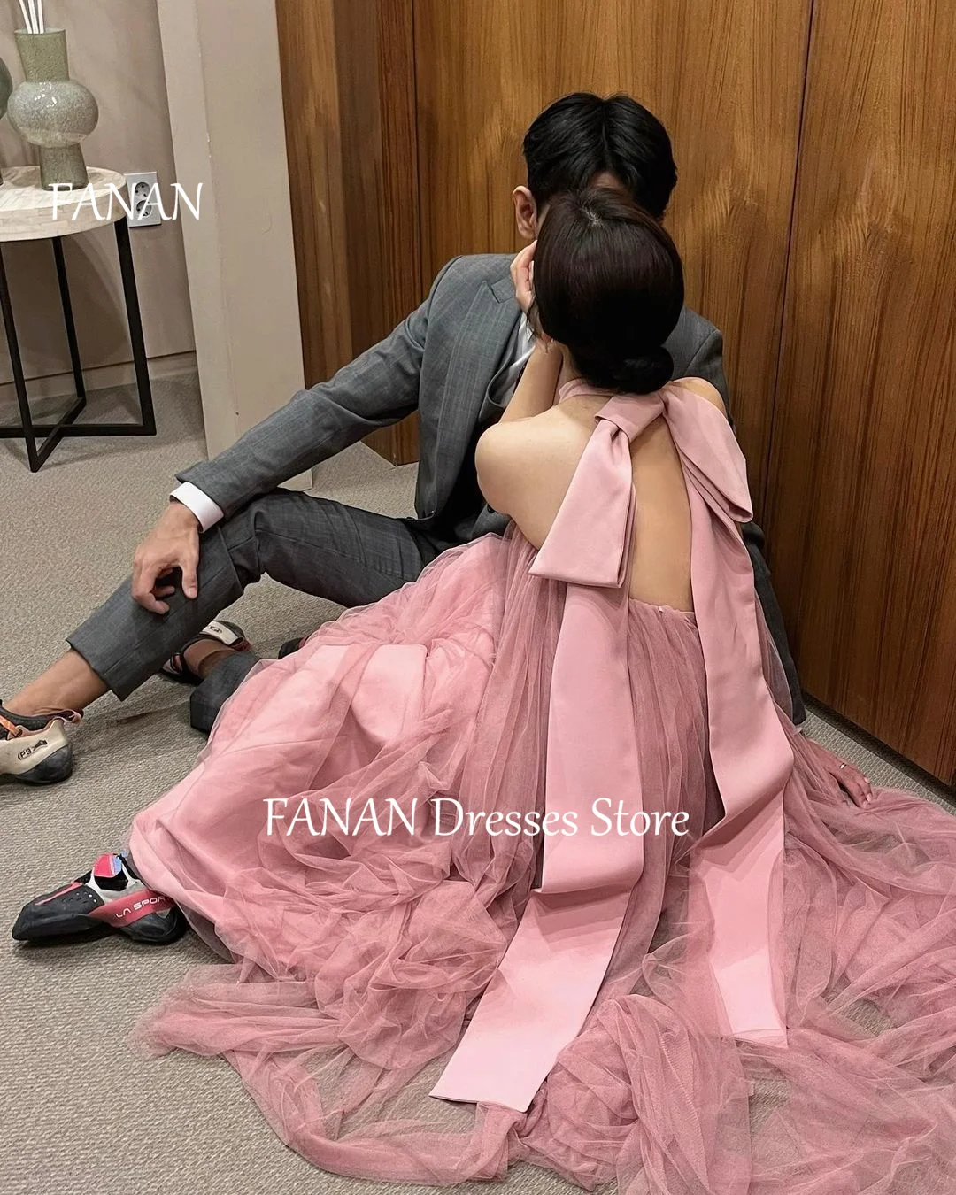 

FANAN High Neck Pink Evening Party Dresses Korea Tulle Sexy Customized Elegant Wedding Women Formal Gowns Event Prom Gowns