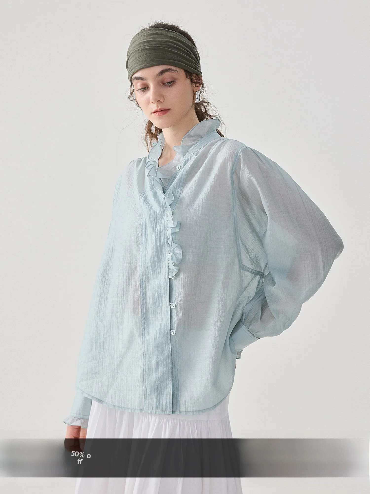 

Elegant Long Sleeve Women's Shirt Acetate Texture Whale Sound Bordered Loose Fit Spring New Style Breathable Comfortable