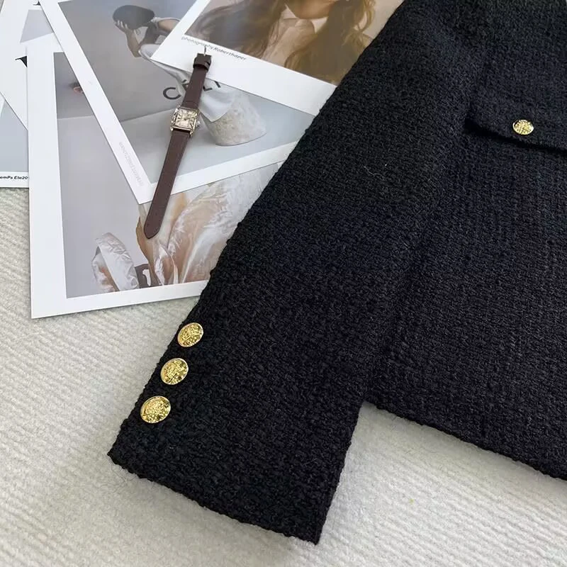 Vintage Style Purplish Blue Tweed Jacket Round Neck French Elegance Commuting Spring Autumn Trendy Fashion Outerwear