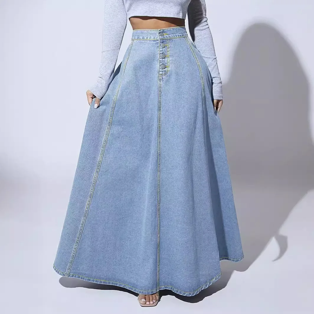 

Design Retro Blue Button A-line Long Denim Skirt Women's Long Washing Ladies Straight Loose Denim Midi Skirts