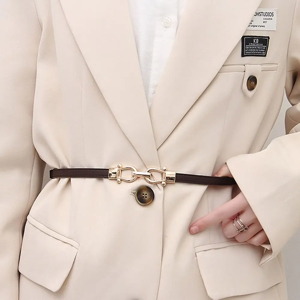 Cinturón de cuero PU Ins para mujer, cinturón fino ajustable con hebilla de aleación de Zinc, pretina delgada