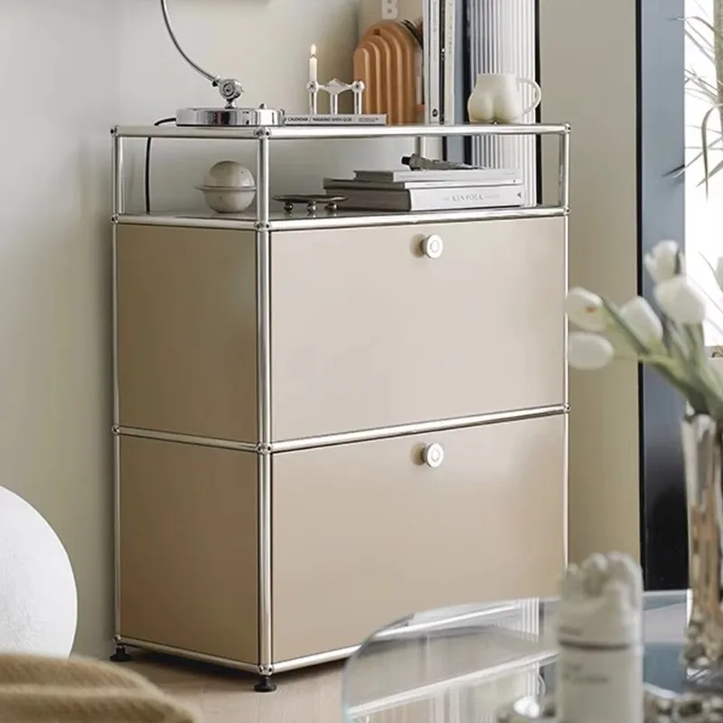 Modern Minimalist Modular Storage Side Cabinet 5+ Compartments Stainless Steel Frame Freestanding Organizer for Living Room
