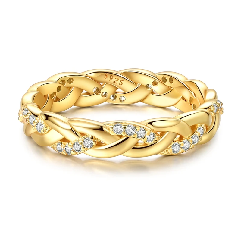 Original 925er Sterlingsilber, funkelnder Gold-Glitzer-geflochtener Ring für Frauen und Mädchen, Schmuck, Geburtstag, Jahrestag, Geschenke