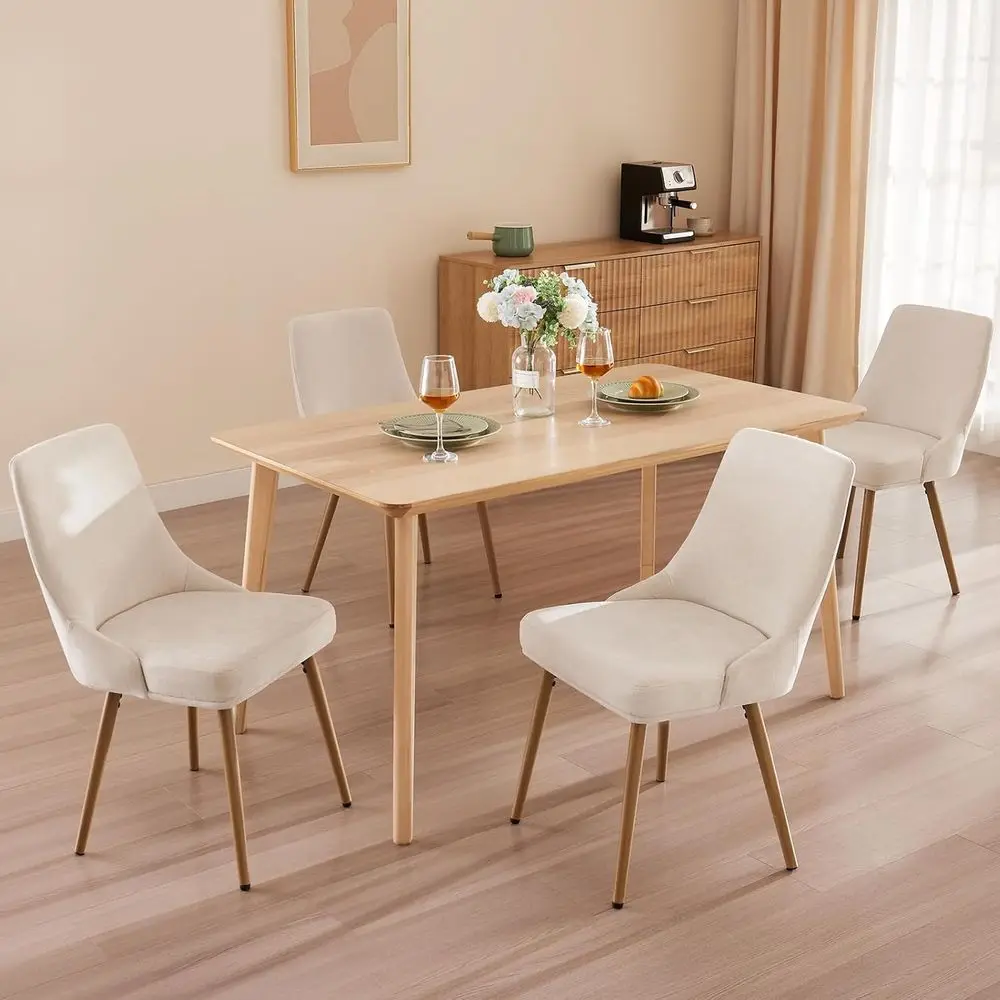 

Set of 4 Modern Upholstered Dining Chairs with Thick Cushions and Curved Backs, Beige Fabric Farmhouse Style for Kitchen and Din