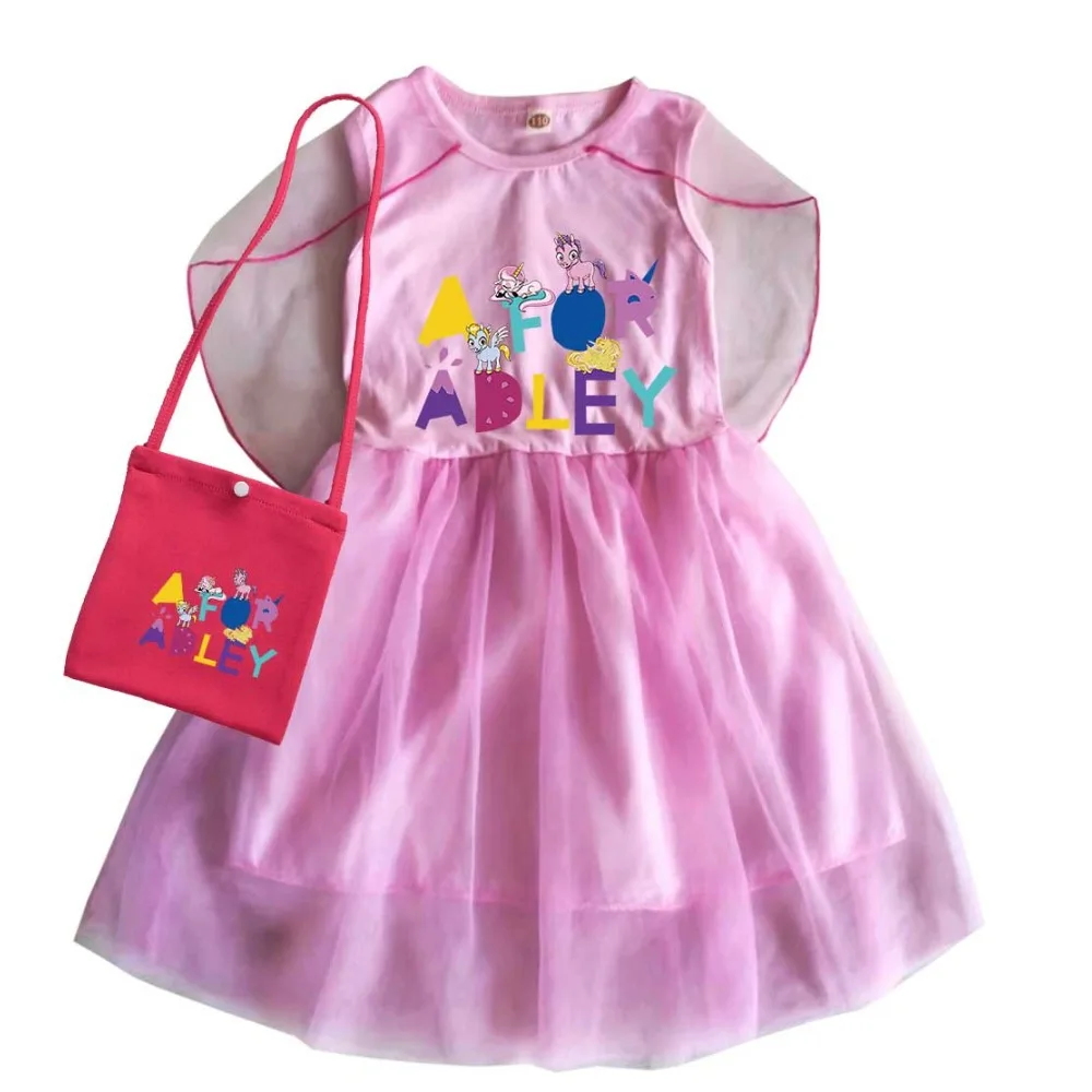 

Adorable Cartoon A FOR ADLEY Costume Kids Summer Fly Sleeve Casual Dresses Baby Girls Dress with Bag Children Princess Vestidos