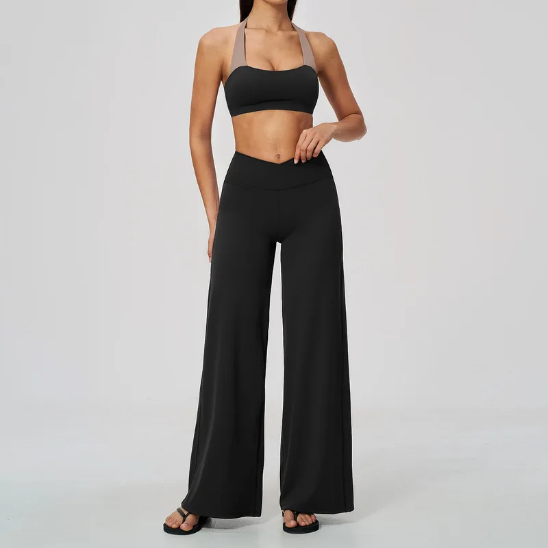 Halter Neck 2 Piece Women Sports Suit Contrast Color Sports Bra V Cross Wide Leg Pants Breathable Workout Set Running Fitness