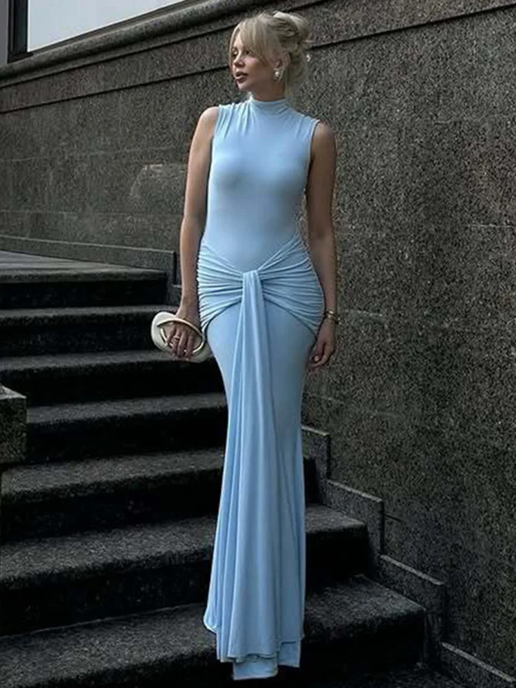 ชุดเดรสยาวเซ็กซี่แบบรัดรูป แบรนด์ XIAOTANG แบบไม่มีแขน ผ้าจับจีบ ดีไซน์เก๋ไก๋ คอสูงครึ่งตัว แฟชั่นสำหรับผู้หญิง เหมาะสำหรับงานปาร์ตี้ คลับ หรืองานกลางคืน ให้ลุคหรูหรา