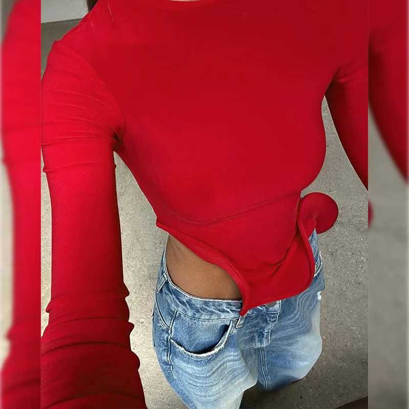 Fashion 2025 Autumn O-neck Irregular Solid Tee Shirt Female Ruffles Crop Tops Women's Elegant Flare Sleeve Ruched Red T Shirt