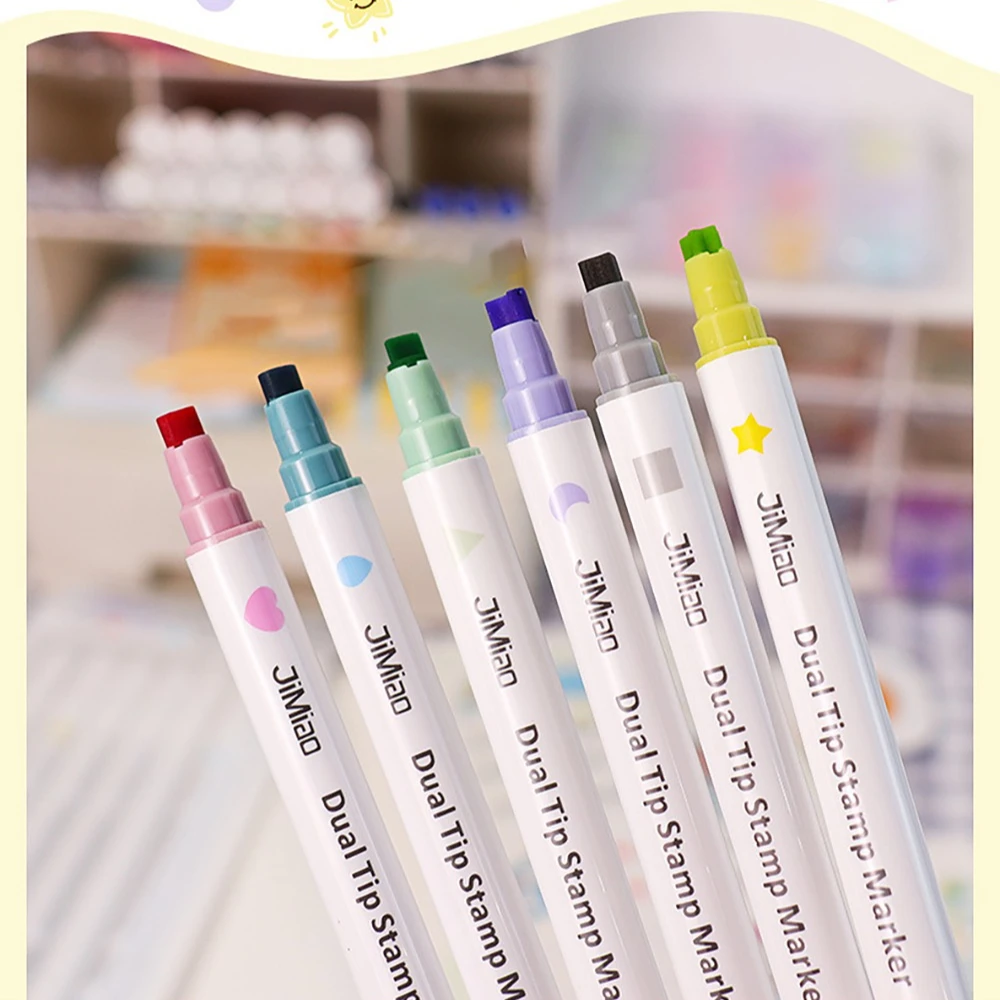1 Pcs Highlighters Double headed Line Pen And Cute Stamp For Student Writing Painting Drawing Taking Note Art School Stationery