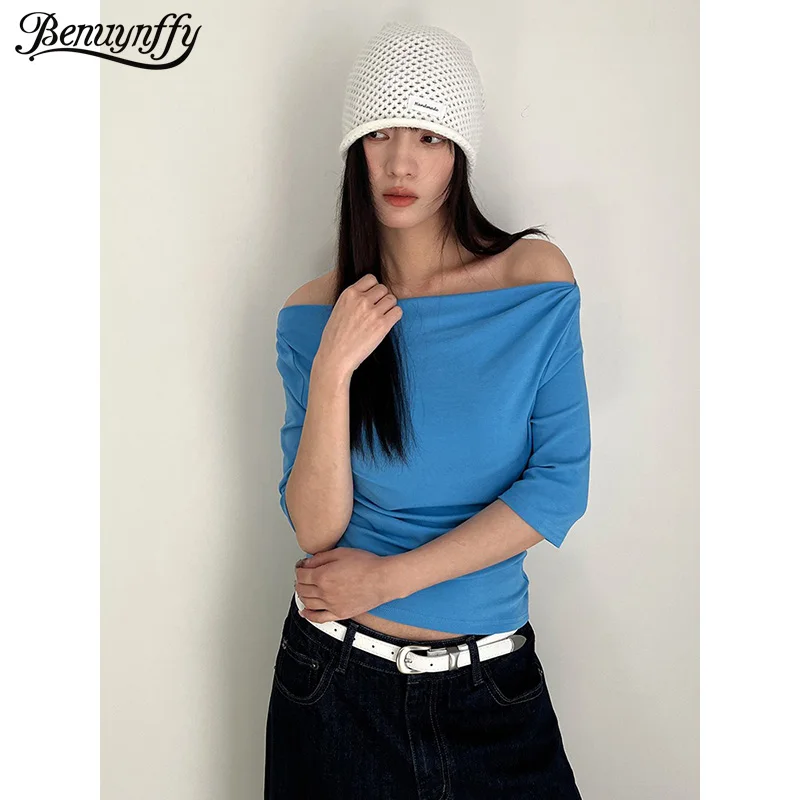 

Benuynffy Solid Color Skew Collar T-Shirts Women 2026 Summer New Fashion Half Sleeve Tee Streetwear Slim All-Match Short Tops